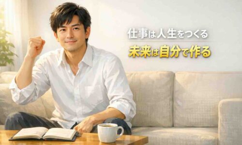 朝の明るいリビングで白シャツの男性がソファに座り、手帳とコーヒーを前に右手を上げて「よし、やるぞ」と決意している様子のイラスト。未来に向かって行動を始める前向きな瞬間を表現している。