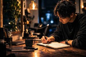 仕事が終わり美容室店内で思考をまとめている美容師