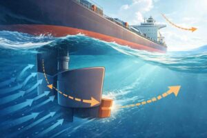 大型タンカーのトリムタブが水の流れを変え、舵の向きを動かして進行方向を変える仕組み